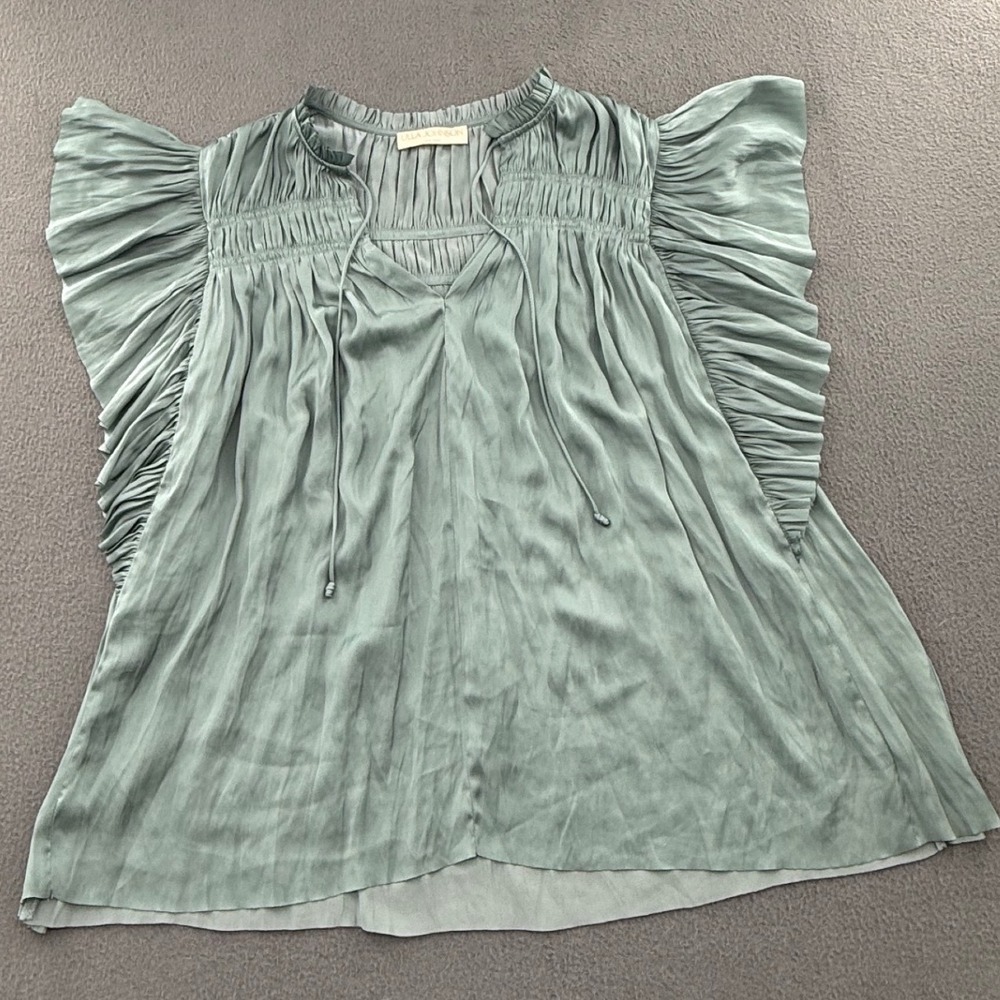 Ulla Johnson Flutter Sleeve Blouse Sz 0 Sage Green Smocked Top Bohemian Romantic